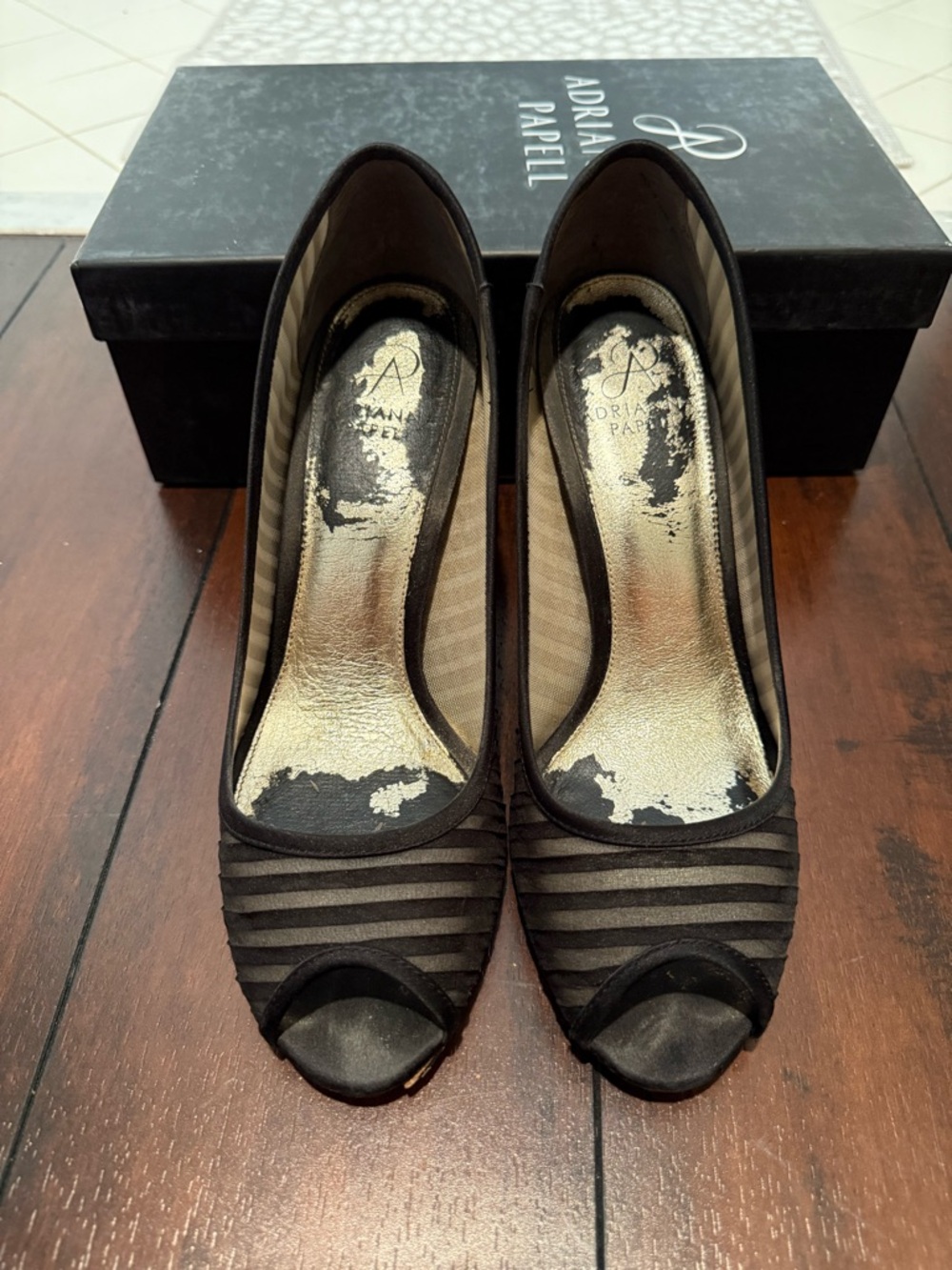 Adrianna Papell Black Striped Peep-Toe Heels